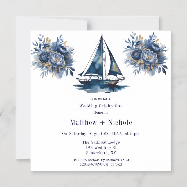 Invitation Magnétique Mariage Naution de Nuit Bleue et Or (Recto)