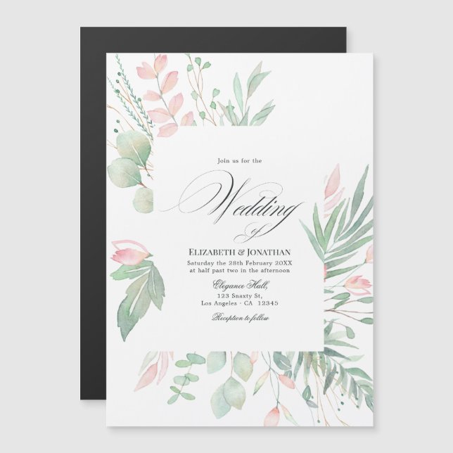Invitation Magnétique Mariage Pastel Rose et Verdure (Devant / Derrière)
