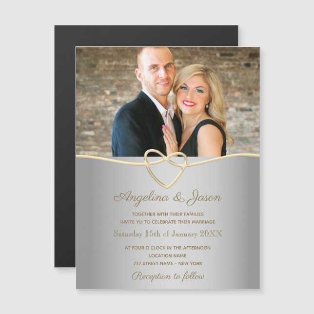 Invitation Magnétique Mariage photo argent simple (Devant / Derrière)