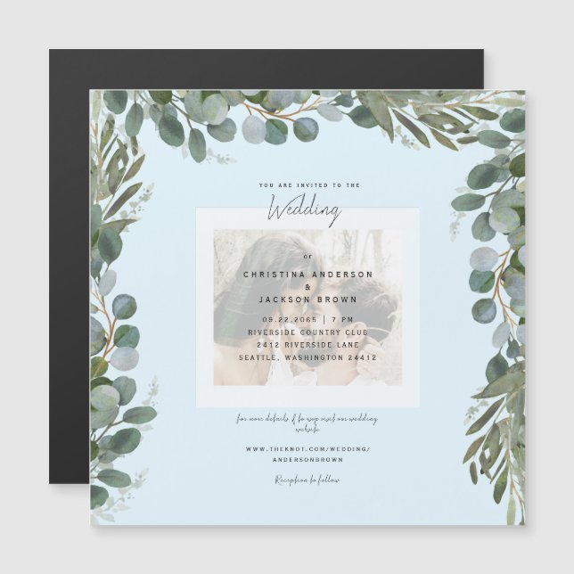Invitation Magnétique Mariage photo Blue Eucalyptus Foliage (Devant / Derrière)