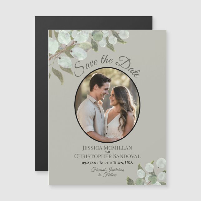 Invitation Magnétique Mariage Photo & Feuillage de Save the Date Vert Sa (Devant / Derrière)