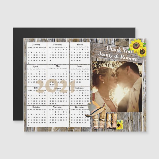 Invitation Magnétique Mariage Photo Yellow Sunflowers Mini Calendrier 20 (Devant / Derrière)