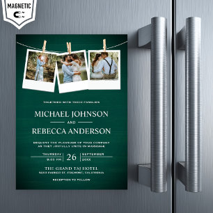 Invitation Magnétique Mariage Photographique en Bois de Grange Vert Rust