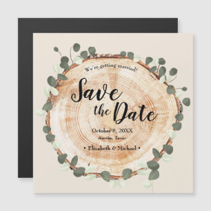 Invitation Magnétique Mariage rustique Eucalyptus coupe bois coupe tranc