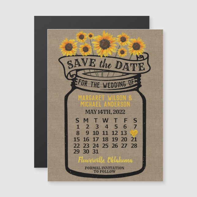 Invitation Magnétique Mariage Sauvez la date Mason Jar Farm mai 2022 (Devant / Derrière)