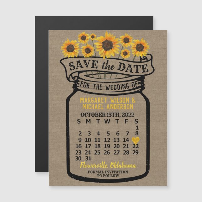 Invitation Magnétique Mariage Sauvez la date Mason Jar Farm Octobre 2022 (Devant / Derrière)