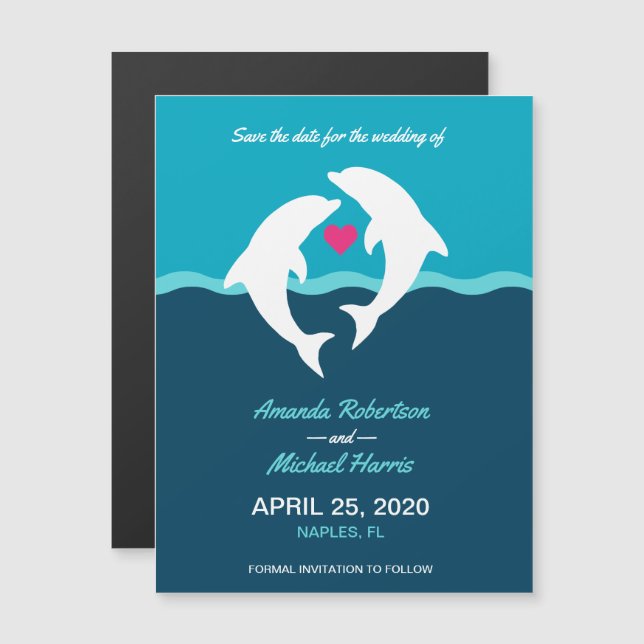 Invitation Magnétique Mariage sous-marin de dauphins (Devant / Derrière)