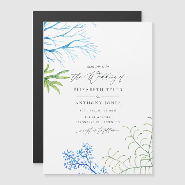 Invitation Magnétique Mariage sur le thème de l'algue marine aquarelle (Devant / Derrière)