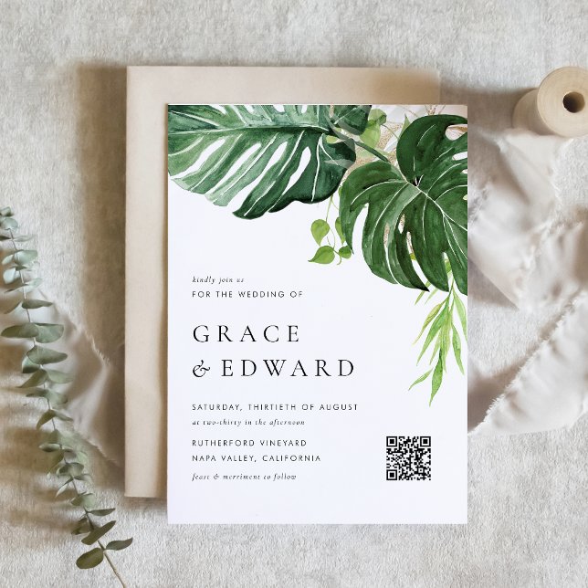 Invitation Magnétique Mariage tropical à code QR Monstera aquarelle (A tropical-themed magnetic wedding invitation featuring watercolor greenery and faux gold accents. )