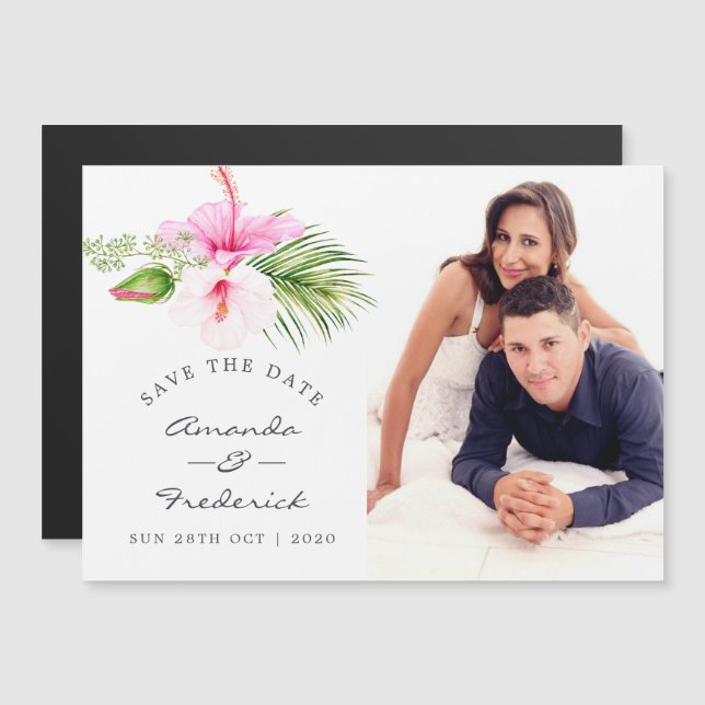 Invitation Magnétique Mariage Tropical Floral sur la Plage Enregistrer l (Devant / Derrière)