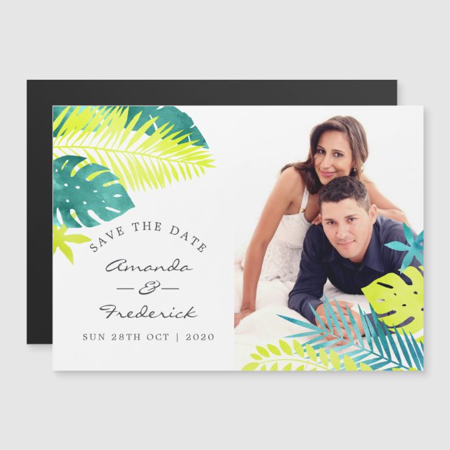 Invitation Magnétique Mariage tropical turquoise et citron Enregistrer l (Devant / Derrière)
