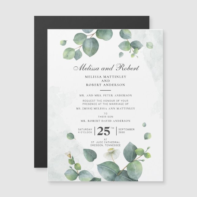 Invitation Magnétique Mariage végétal Eucalyptus (Devant / Derrière)