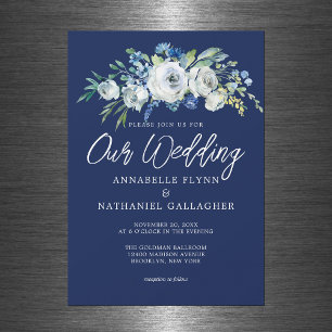 Invitation Magnétique Marine Bleu Blanc Floral Élégant Mariage d'hiver