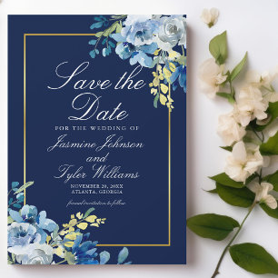 Invitation Magnétique Marine Bleu Floral Elégant Gold Bordure Enregistre
