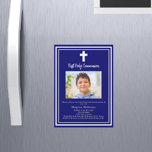 Invitation Magnétique Marine bleu photo garçon Première sainte communion