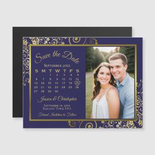 Invitation Magnétique Marine Blue & Gold Calendrier photo Enregistrer la