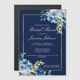 Invitation Magnétique Marine Blue Gold Floral Fête des mariées élégante