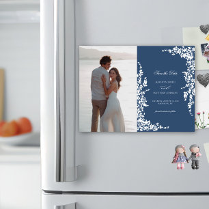 Invitation Magnétique Marine Blue Vintage Floral Mariage Enregistrer La