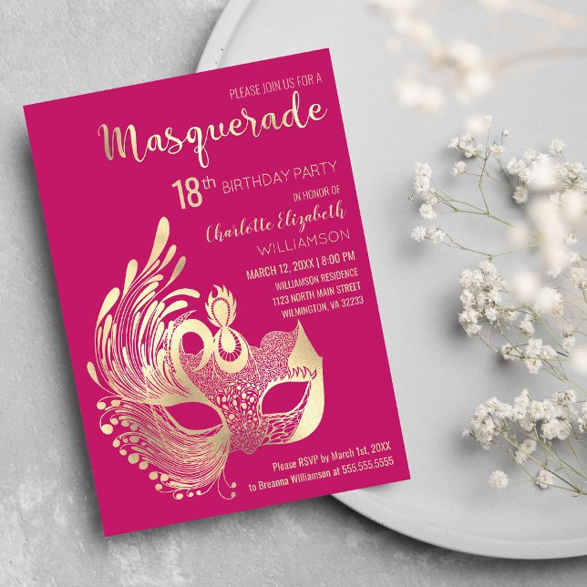 Invitation Magnétique Mascarade d'or rose fille 18e fête d'anniversaire (Girly Pink Gold Masquerade 18th Birthday Party Magnetic )
