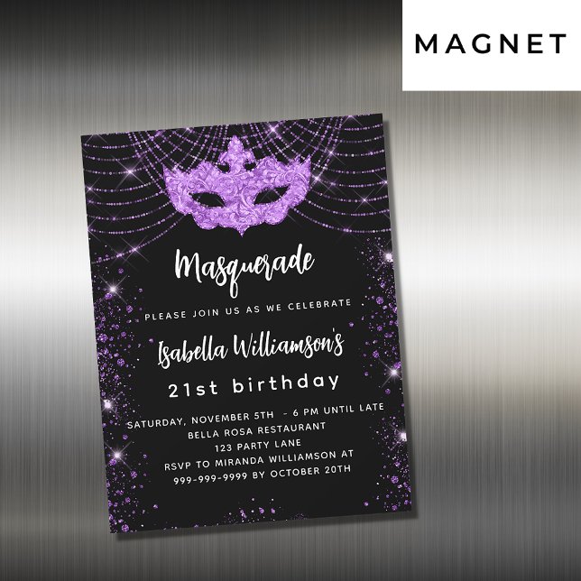 Invitation Magnétique Masquerade fête noir violet parties scintillant lu (Créateur téléchargé)