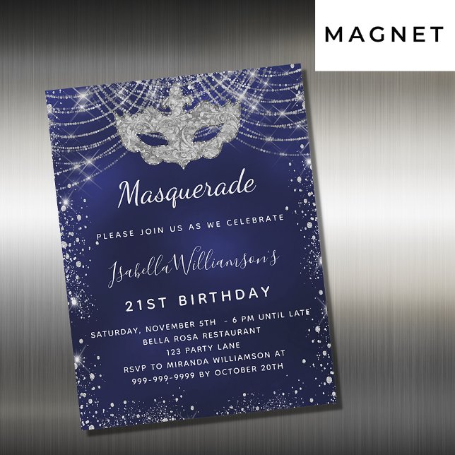 Invitation Magnétique Masquerade marine bleu argent fête d'anniversaire (Créateur téléchargé)