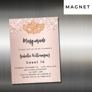 Invitation Magnétique Masquerade rose or parties scintillant Sweet 16 lu