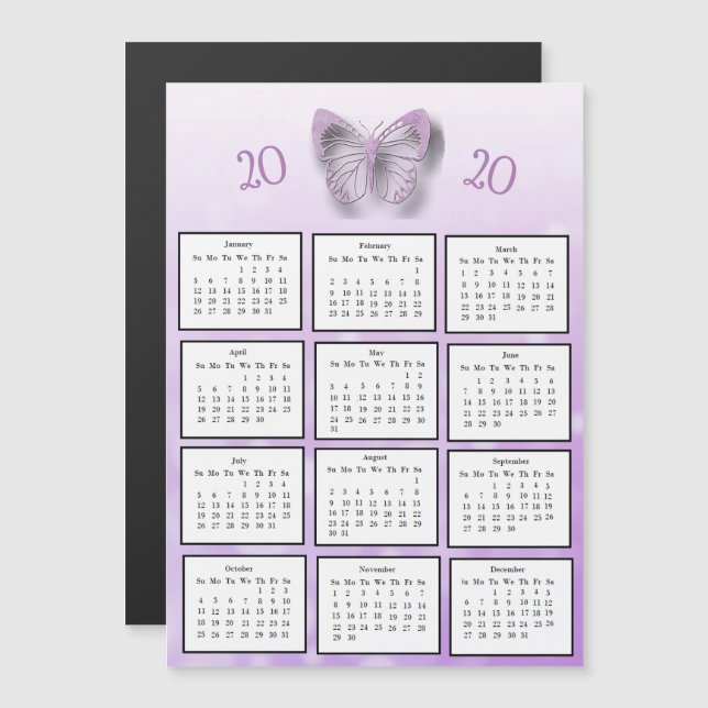 Invitation Magnétique Mini-Calendrier Purple Butterfly 2020 (Devant / Derrière)