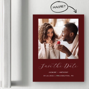 Invitation Magnétique Minimal Burgundy Red Photo Enregistrer la date