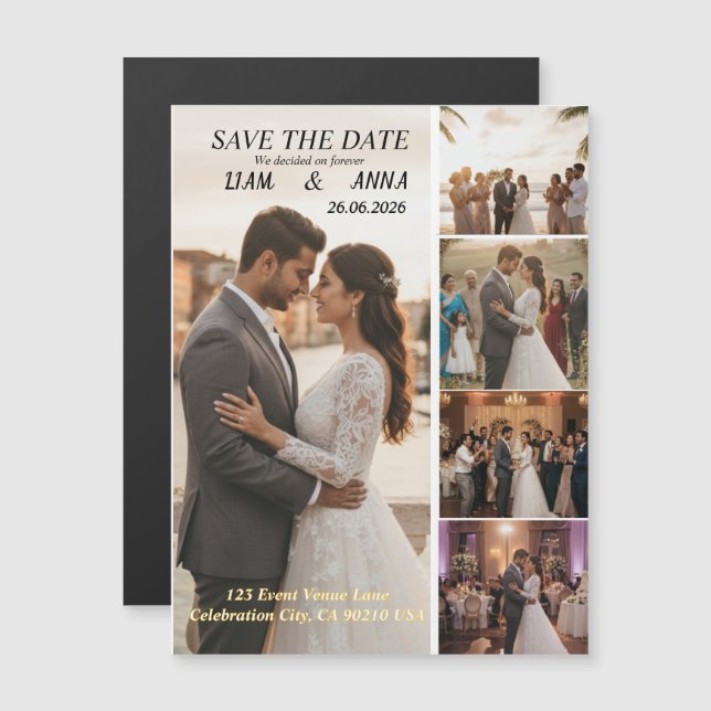 Invitation Magnétique Modern 5 Photo Wedding Save the Date Card (Devant / Derrière)
