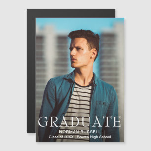 Invitation Magnétique Modern Bold Navy Blue Boy Photo Graduation