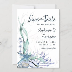 Invitation Magnétique Moderne Beach Mariage Aquarelle Bleu Enregistrer l