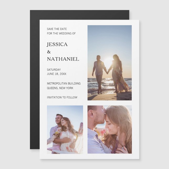 Invitation Magnétique Moderne Blanc Trois Photos Collage Enregistrer la  (Devant / Derrière)