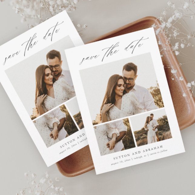 Invitation Magnétique Moderne Élégant Script 3 Photo Collage Enregistrer (Modern Elegant Script 3 Photo Wedding Save the Date Magnetic Card.)