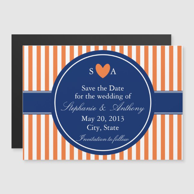 Invitation Magnétique Monogramme rayures orange et blanc avec bleu royal (Devant / Derrière)