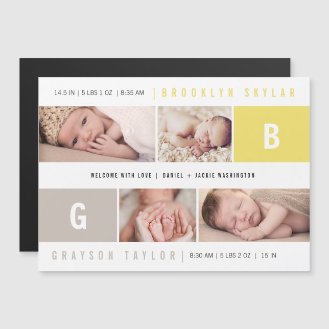 Invitation Magnétique Monogrammes de Bébé Jumeaux 4 Annonce de Naissance (Devant / Derrière)