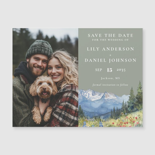 Invitation Magnétique Mountain Floral Sage Photo Wedding Save The Date (Devant)