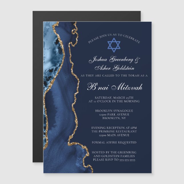 Invitation Magnétique Navy Blue Gold B'nai Mitzvah Elegant Party (Devant / Derrière)
