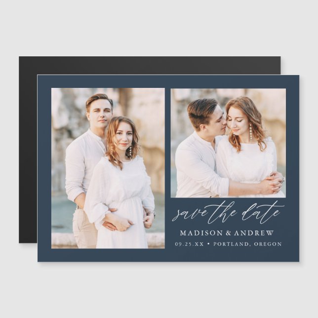 Invitation Magnétique Navy Elegant Script 2 Photo Save the Date (Devant / Derrière)