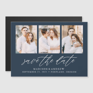 Invitation Magnétique Navy Elegant Script 3 Photo Collage Save the Date