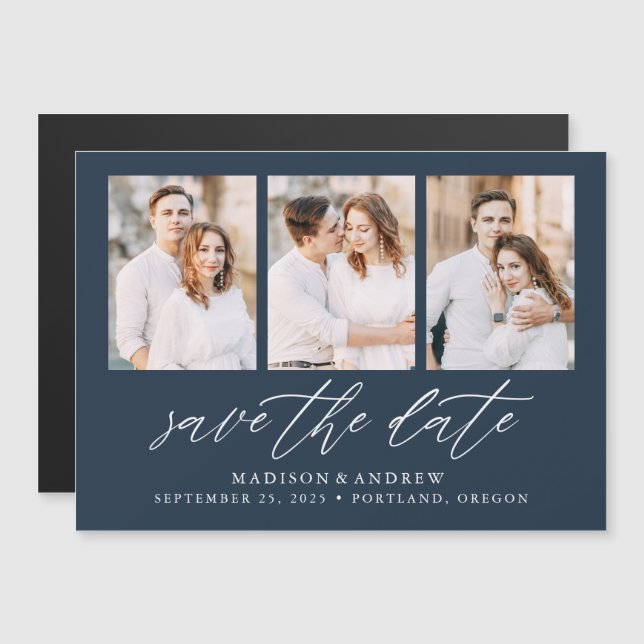 Invitation Magnétique Navy Elegant Script 3 Photo Collage Save the Date (Devant / Derrière)