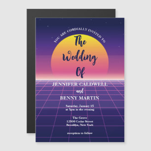 Invitation Magnétique Neon Purple Retro 80s Synthwave Sunset Mariage