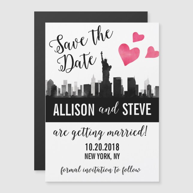 Invitation Magnétique New York City Skyline Wedding Enregistrer la date  (Devant / Derrière)