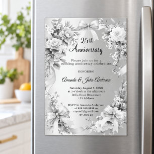 Invitation Magnétique noces de mariage argentées florales rubans 25 ans