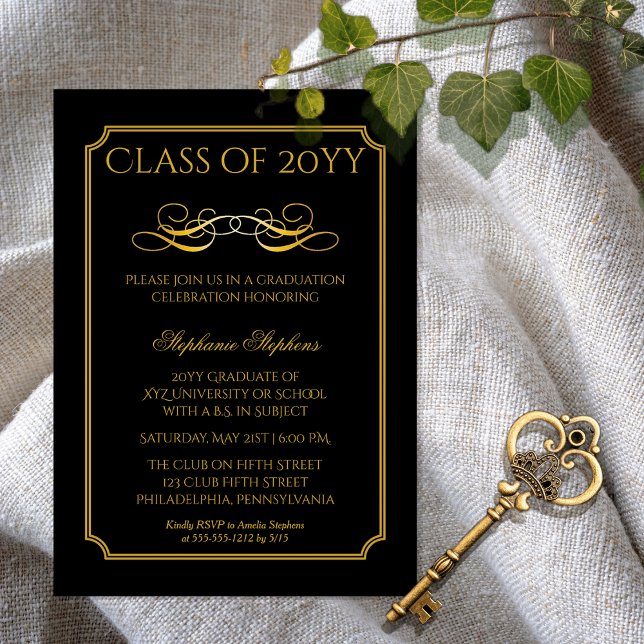 Invitation Magnétique Noir élégant | Gold University Graduation Party I (Elegant Black and Gold Tone College | University Graduation Announcement Party Magnetic Invitation)