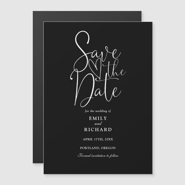 Invitation Magnétique Noir Et Blanc Script Mariage Enregistrer La Date (Devant / Derrière)