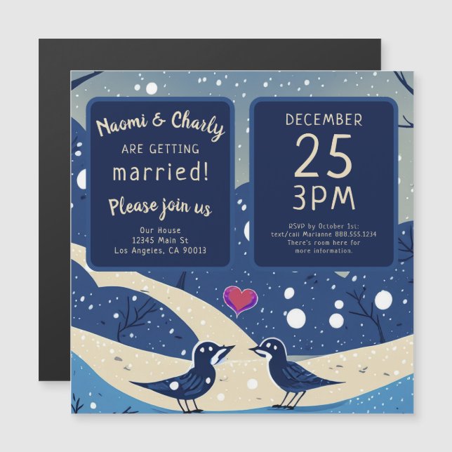 Invitation Magnétique Oiseaux bleus d'hiver en amour Mariage de Noël (Devant / Derrière)