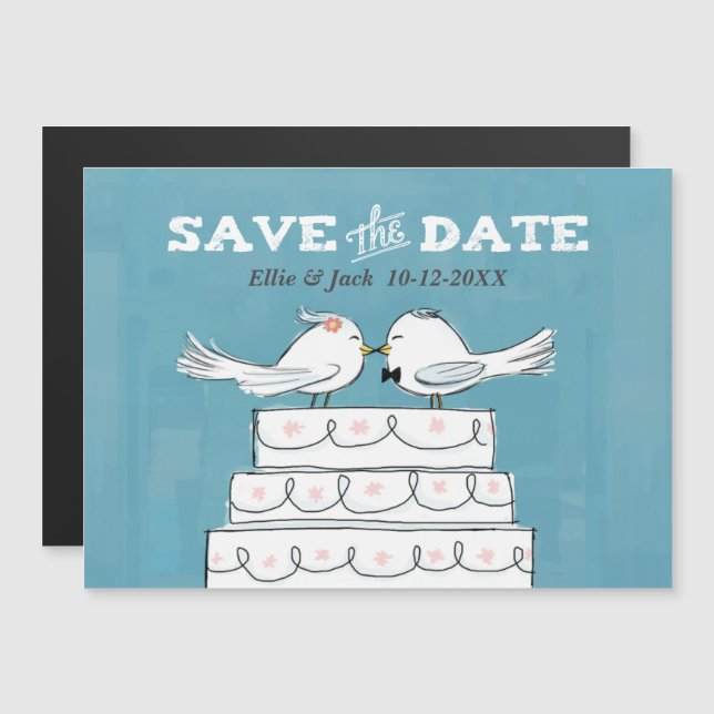 Invitation Magnétique Oiseaux de l'amour sur gâteau de mariage, retenez  (Devant / Derrière)