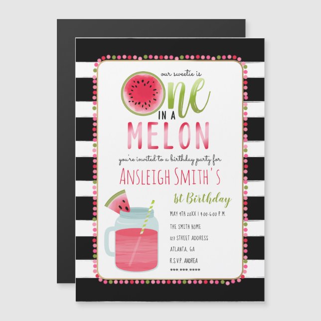 Invitation Magnétique One In A Melon Watermelon Mason Jar Premier Annive (Devant / Derrière)