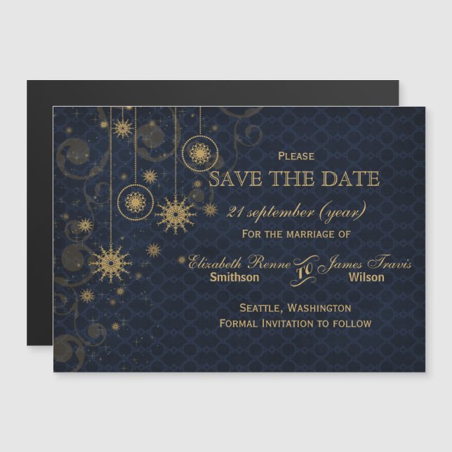 Invitation Magnétique or bleu Snowflakes Winter save date (Devant / Derrière)