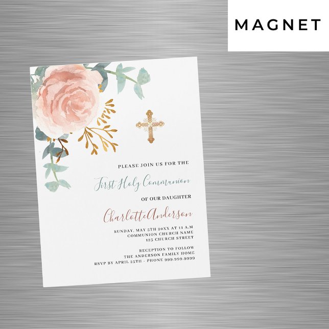 Invitation Magnétique or rose verdure luxe première communion sainte (Créateur téléchargé)